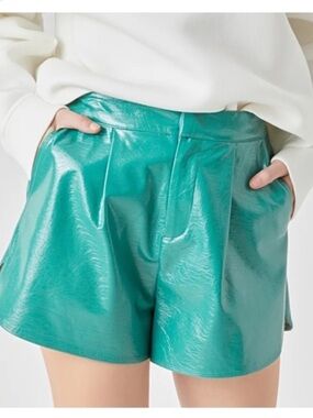 GREY LAB | High Waist Glossy Faux Leather Green Shorts XS